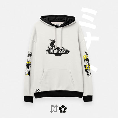 Sudadera blanca oversize inspirado en el Meguru Bachira de Blue Lock. Diseño original con artes impresos en DTF