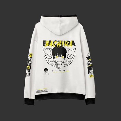 Sudadera blanca oversize inspirado en el Meguru Bachira de Blue Lock. Diseño original con artes impresos en DTF