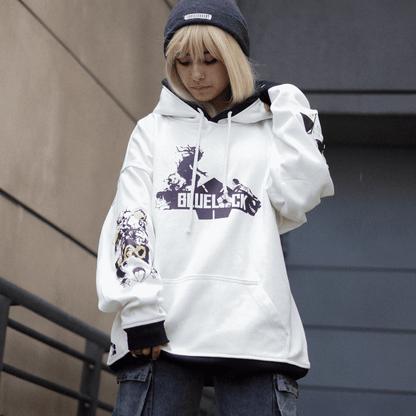 Sudadera blanca oversize inspirado en el Meguru Bachira de Blue Lock. Diseño original con artes impresos en DTF