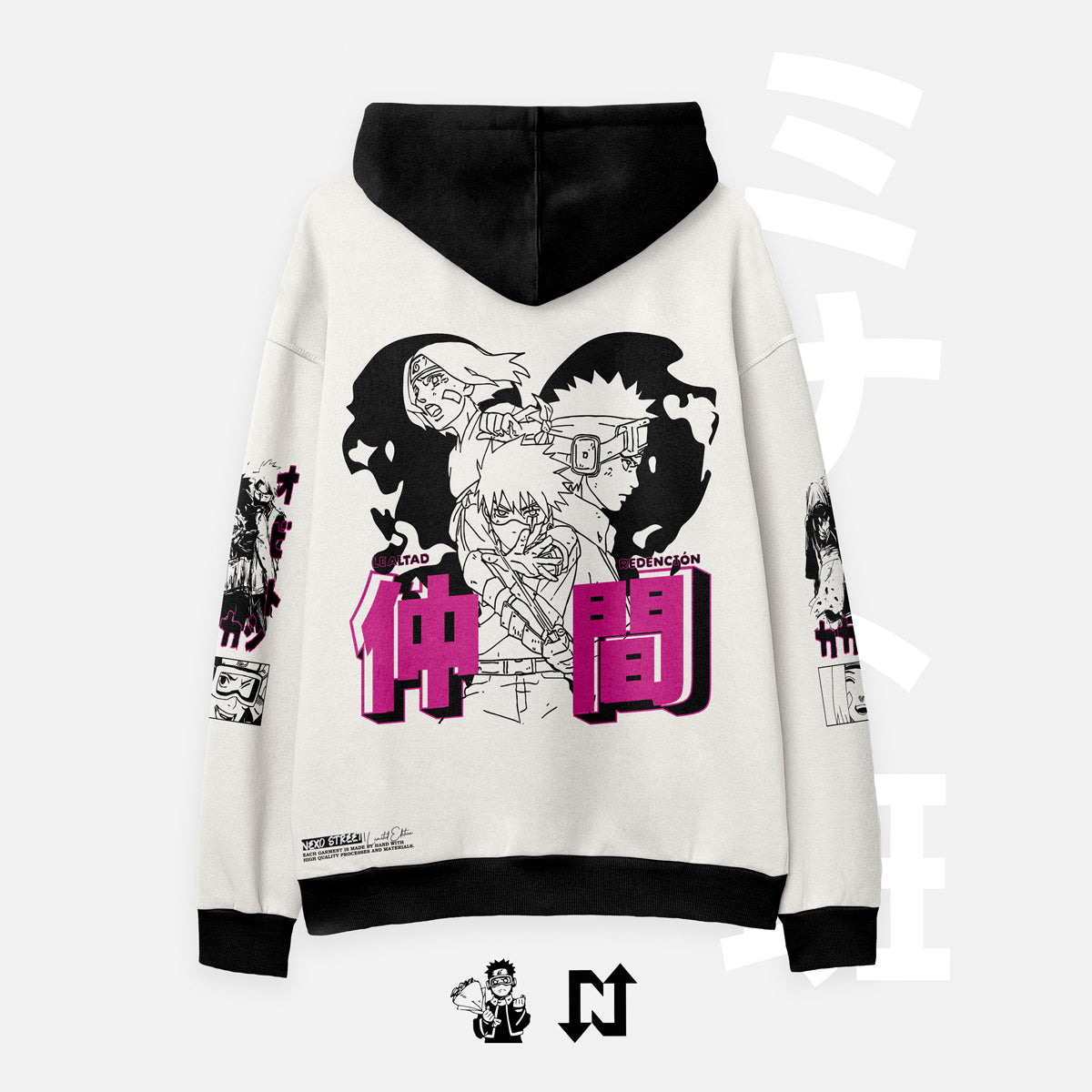 Sudadera blanca oversize inspirada en el equipo Minato del anime y manga de naruto. Cómoda, suave al tacto y de alta calidad.