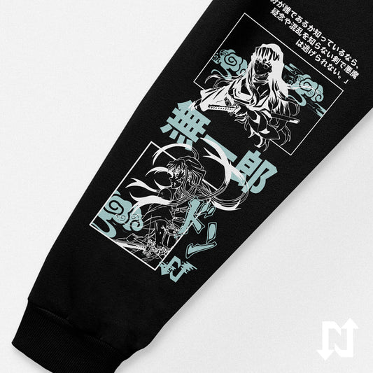 Sudadera negra oversize con capota interna color menta inspirada en el pilar de la niebla Muichiro Tokito. Diseño de manga impreso en DTF